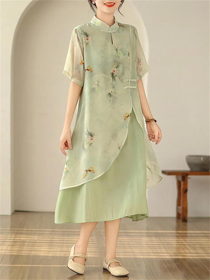 Women's Elegant Flower Printed Flowy Cheongsam Dress